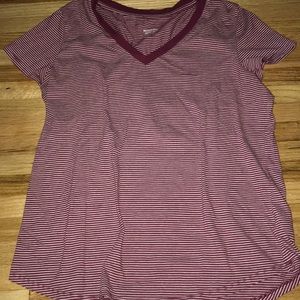 Burgundy and white striped V-neck T-shirt